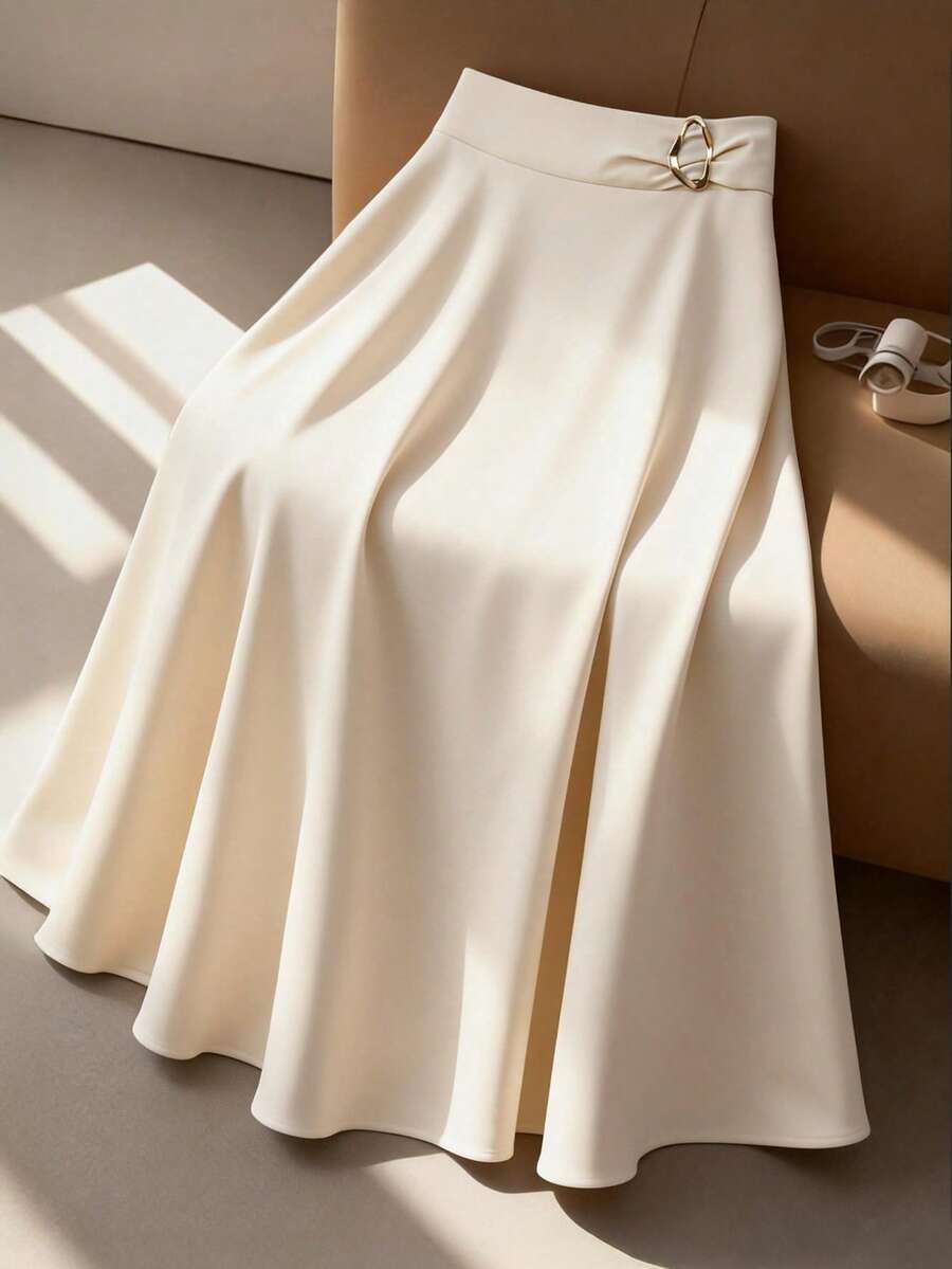 GlowEve CURVE Falda de línea A con decoración de hebilla metálica, elegante y de talla grande, adecuada para el trabajo y citas, primavera/verano - Albaricoque - Ver 1