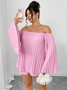 Elenzga 两件套加大码女式3D褶皱露肩喇叭袖A字衬衫，粉色浪漫情人节春夏约会、女友聚会、休闲家居服，性感 - 粉色 - 查看 5