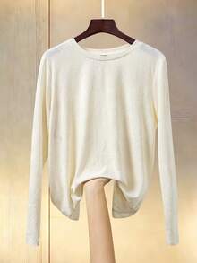 SHEIN Clasi Women's Casual Solid Color Jacquard Crew Neck Long Sleeve Regular T-Shirt - Apricot - View 1