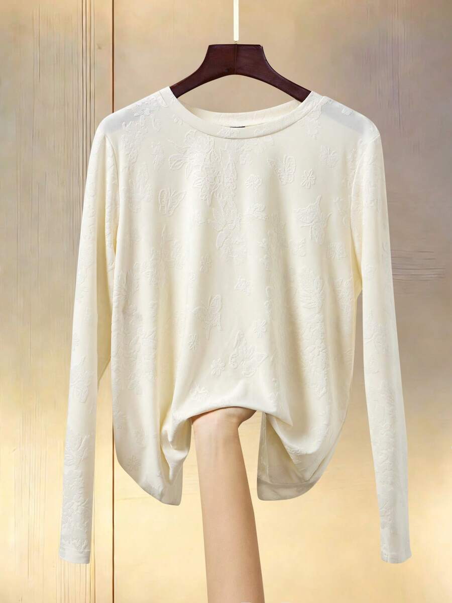 SHEIN Clasi Women's Casual Solid Color Jacquard Crew Neck Long Sleeve Regular T-Shirt - Apricot - View 1