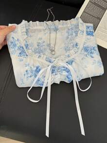 SHEIN 女士简约印花荷叶边衬衫 - 藍白色 - 查看 7