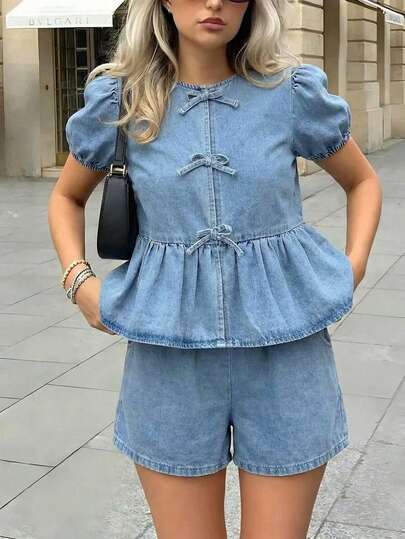 SHEIN 2pcs Teens Girl Casual Comfy Round Neck Puff Sleeve Bowknot Blouse & Shorts Denim Set,Girls Summer Two Pieces Outfits,Suitable For Spring And Summer Wear, Elegant And Holiday Wear,Spring Break Summer Beach Vacation Wear,Summer Short,White Short