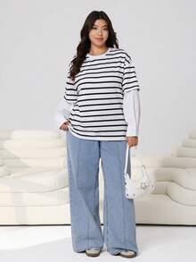 Solflare 2026春夏新款休闲日常穿搭，适合派对、约会、生日、音乐节、返校、居家、通勤、度假等多种场合，宽松版型黑白条纹针织T恤，搭配撞色白色衬衫袖，大码T恤 - 彩色 - 查看 3