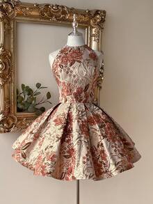 Lovelzi Đầm xòe chữ A sang trọng kiểu cung đình, chất liệu vải jacquard màu xanh lá cây, cổ yếm, hở lưng, dây chéo, thích hợp cho các buổi hẹn hò, kỳ nghỉ, tiệc độc thân, dạ hội, đám cưới, lễ tốt nghiệp, dạ tiệc prom. - Bụi hồng - Xem 4