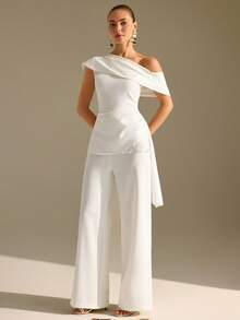 CLARA VERO White Asymmetric Ruffle Top And Wide Leg Pants Set: Slim Fit Waist And Flowing Maxi Length, Perfect For Elegant Evenings Or Modern Engagement Parties, Made In Non-Elastic Double Layer Polyester Featuring Folded Shoulder Draping Side Lace Detail And Concealed Zip - White - View 4