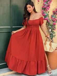 Vionelle Đầm maxi dáng chữ A trễ vai tay ngắn xếp ly xẻ tà, chất liệu jacquard hai tông màu thanh lịch dành cho nữ cỡ lớn, thích hợp cho mùa xuân/hè. - trái cam - Xem 5