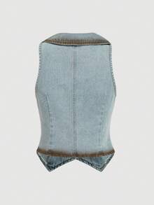 SHEIN MOD 女士休闲牛仔背心，翻领单排扣 - 藍色 - 查看 2