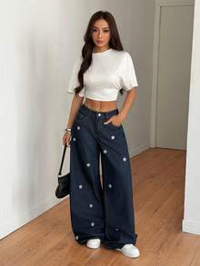 Muchica Women's Dark Blue Jeans, Low-Rise Straight Leg, Daisy Embroidery, Loose Wide-Leg Style, Y2K Style, Casual Summer Outfit. - Blue - View 6