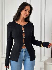 SHEIN Ribbed Knit Button-Front Spring Cardigan With Slim Fit Silhouette, Long Sleeves And Chic Minimalist European Style - Black - View 5