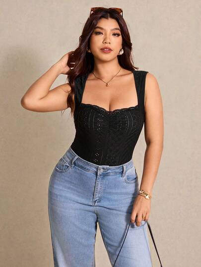 Elaquor بودي سويت نسائي مقاس كبير مع تفاصيل دانتيل متباينة وكشكشة ظهر مكشوف