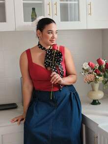 SHEIN MOD Áo tank top lửng màu đỏ đa năng, cỡ lớn, có dây đeo điều chỉnh được, phù hợp cho ngày Valentine, tiệc sinh nhật, mặc hàng ngày, kiểu dáng đứng dáng. - Đỏ - Xem 6