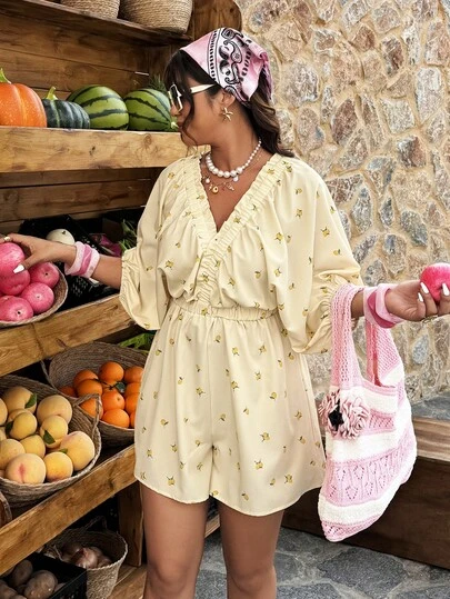 Weeklong Plus Size Women Fruit Print Elastic V-Neck Waist Tie Sleeveless A-Line Casual Jumpsuit, Spring/Summer