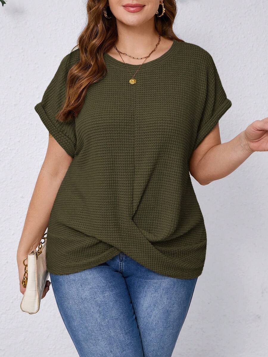 SHEIN Clasi 大码女式夏季休闲日常通勤度假简约纯色蝙蝠袖华夫格面料宽松T恤 - 軍綠色 - 查看 1