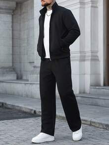 Manfinity CasualCool Men's Solid Color Zip Front Jacket And Drawstring Waist Long Pants Casual Suit - Black - View 8