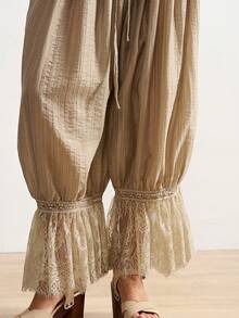 Bohemela 女士休闲梭织拼接蕾丝边宽松裤 - 綠色 - 查看 7