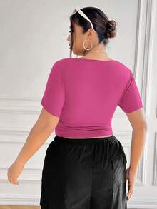 SHEIN EZwear Plus Size Waist Ruched Elastic T-Shirt, Summer Tops Basic Top Cinched Waist Top Ruched Top - Hot Pink - View 8