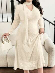 Feyla Plus Size Elegant Contrast Lace V-Neck Waist Cinched Dress, Autumn - Apricot - View 7