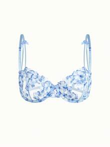 Bonmuse 2pcs Women Cool Light Blue Flower Embroidered Mesh Sheer Lace-Up Lingerie Set, Intimate Apparel For Valentine's Day, Kawaii Ultrathin Bra