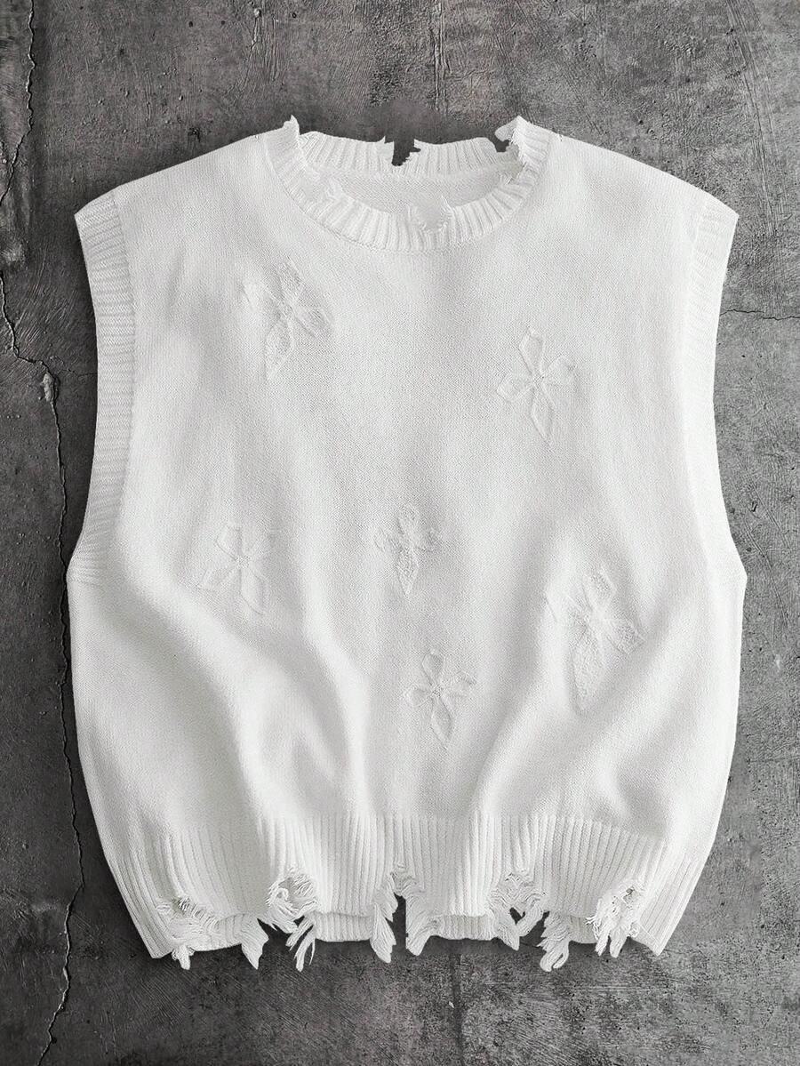 AXEPEAK Men's Distressed Crew Neck Loose Casual Knit Vest - White - View 1
