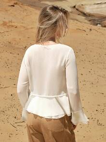 MOTF STUDIO 女士褶皱雪纺二合一荷叶边袖系带衬衫 - 杏色 - 查看 6