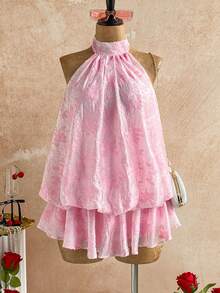 Soleia فستان قصير للنساء بتصميم الهالتر مع ربطة خلفية وكشكشة على الهيم، أنيق للمواعيد والحفلات - وردي - مشاهدة 3