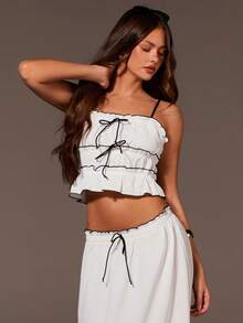Athîral Women's Casual White Set, White Tank Top And Skirt, Black Trim Design, Bow Decor, Beach Skirt Set, Linen Two Pieces Set, Maxi Skirt Two Pieces Set, Two Pieces Set Women Dress,Summer Outfits,Summer Set,Summer Holiday Outfits,Spring Clothes,Casual Set For Women,Casual Outfit For Women,White Set,Beach Vacation Outfits For Women - White - View 4
