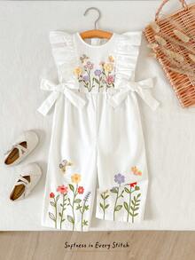 Cozy Pixies 女婴立体花卉图案圆领荷叶边蝴蝶结无袖收腰连体衣，百搭舒适 - 白色 - 查看 9