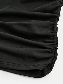 SHEIN 少女黑色高领宽松腰身修身褶皱半身裙，休闲优雅复古百搭叠穿长袖迷你连衣裙，适合冬季圣诞派对穿着 - 黑色 - 查看 4