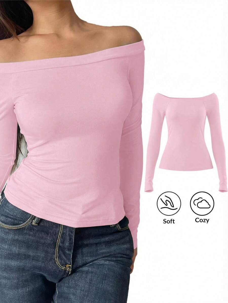 SHEIN BASICS 1 chiếc áo kiểu nữ tay dài trễ vai, màu trơn, dáng ôm vừa vặn