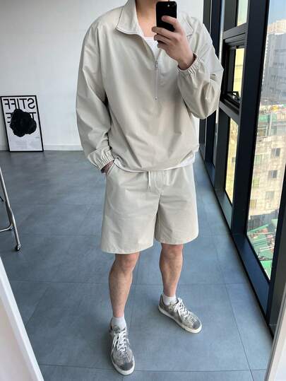 DAZY Men's Solid Color Polo Collar Zip-Up Long Sleeve Sweatshirt And Drawstring Waist Pocket Shorts Casual Outfit, Spring/Summer