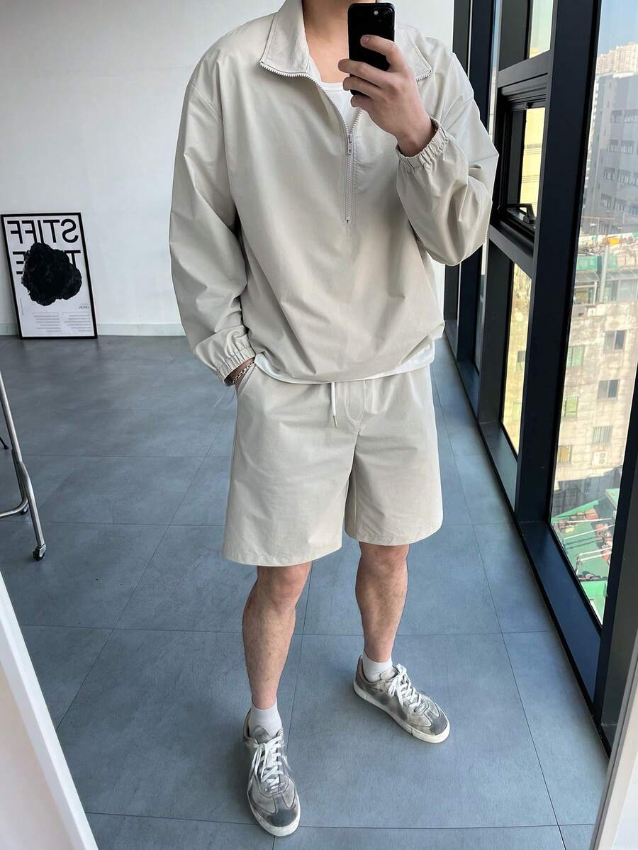 DAZY 男士纯色 Polo 领拉链长袖卫衣搭配抽绳腰带口袋短裤休闲套装,春夏款 - 杏色 - 查看 1