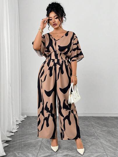SHEIN Elenzya 大码女式梭织常规早春休闲舒适度假撞色印花V领腰部连体裤