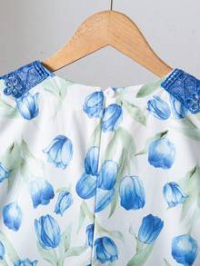 Tween Girl Floral Print V-Neck Lace Patchwork Long Sleeve Dress - Blue - View 6