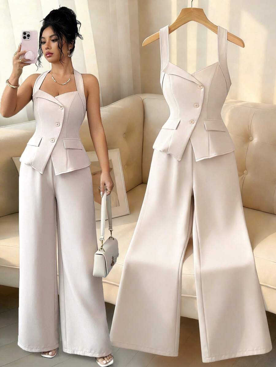 Elenzga 春夏法式优雅编织无袖上衣，系带领口和腰部设计，搭配松紧腰阔腿裤，两件套休闲/工作装，适合女性穿着。 - 杏色 - 查看 1