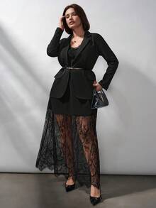 Chikora 大码女装时尚休闲蕾丝拼接长裙黑色透视裙春季女装 - 黑色 - 查看 4