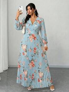 Elenzga 大码女式春夏度假、优雅浪漫派对、婚礼宾客碎花长袖V领褶皱飘逸长裙 - 藍色 - 查看 1