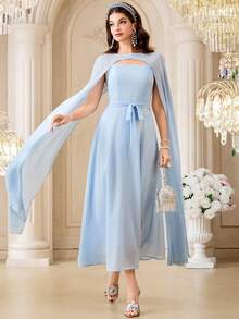 Modelyn Women's Elegant Party Dining Solid Color Hooded Long Dress Baby Blue Autumn - Baby Blue - View 3