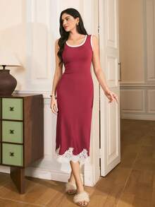 Moireta Burgundy Summer Elegant Lounge Nightgown For Women, Retro Contrast Color Ruffle Hem & Neckline Camisole Night Gowns, Sleeveless Sleepwear Home Dress - Brown - View 6