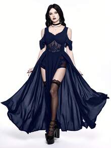 ROMWE Goth 哥特式刺绣镂空深V领露肩高开衩女式连衣裙 - 藏蓝色 - 查看 8