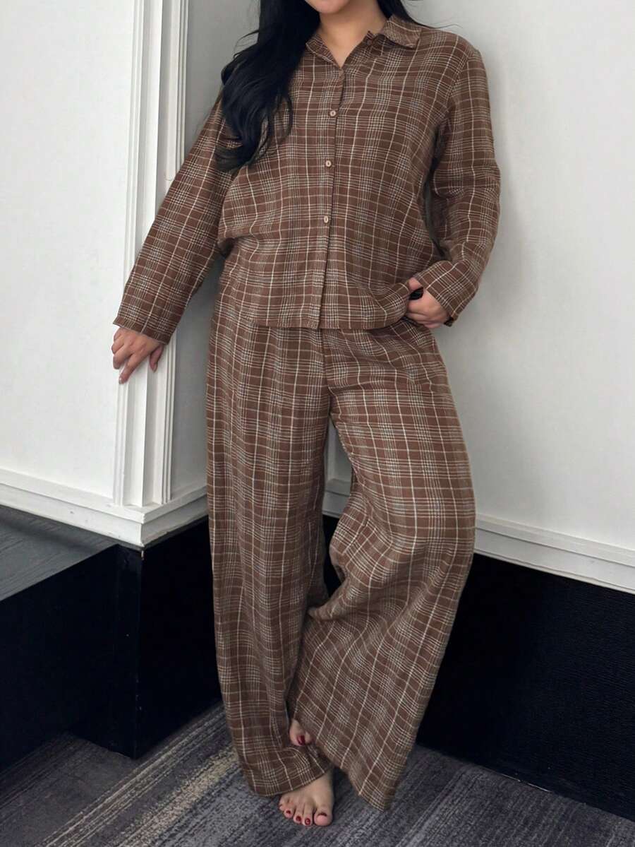 Dazy Plus 2pcs Plaid Loose Long Sleeve Top And Long Pants Pajama Set, Fashionable Sleepwear For Spring And Autumn - Brown - View 1