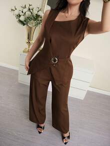 Modelyn Conjunto de traje de oficina elegante con chaleco de cuello asimétrico y pantalones de unicolor para mujer - Café integral - Ver 6