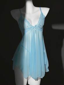 SHEIN 2pcs Women's Sexy Lace Patchwork Lingerie Set (Wireless Bra & Thong) - Baby Blue - View 6