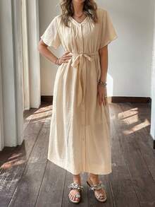 DAZY Women's Textured Fabric Waist Cinched Long Shirt Dress - Beige - View 1