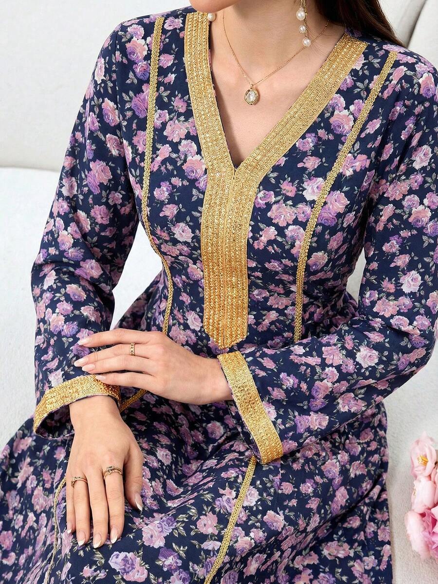 Al Najma Women's Elegant Floral Print V-Neck Long Sleeve Arabic Style Dress With Ribbon Trim - Navy Blue - View 1