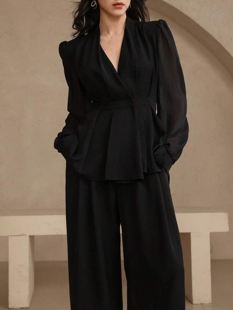 Women's V-Neck Cinched Waist Long Sleeve Shirt And Loose Straight Leg Pants 2 Pieces Set, Casual & Elegant