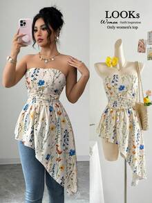 Elenzga Women's Elegant Sexy Apricot Floral Pattern Design Strapless Corset Asymmetric Ruffle Hem Sleeveless Fitted Blouse, Spring/Summer - Apricot - View 1