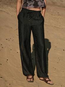 MOTF STUDIO 女士弹力腰带抽绳波西米亚风长裤，春夏款 - 黑色 - 查看 1