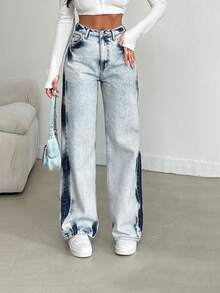 SHEIN Mittlere Taille, Gürtelschlaufen, lässig, locker, 100% Baumwolle, Damen Batik-Jeans - Blau - Übersicht 3