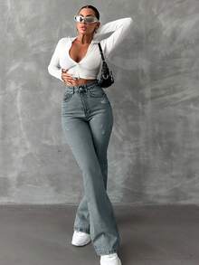 SHEIN 98%Cotton Zipper Fly Distressed Bell Bottom Jeans, Tall Women - Dusty Blue - View 4