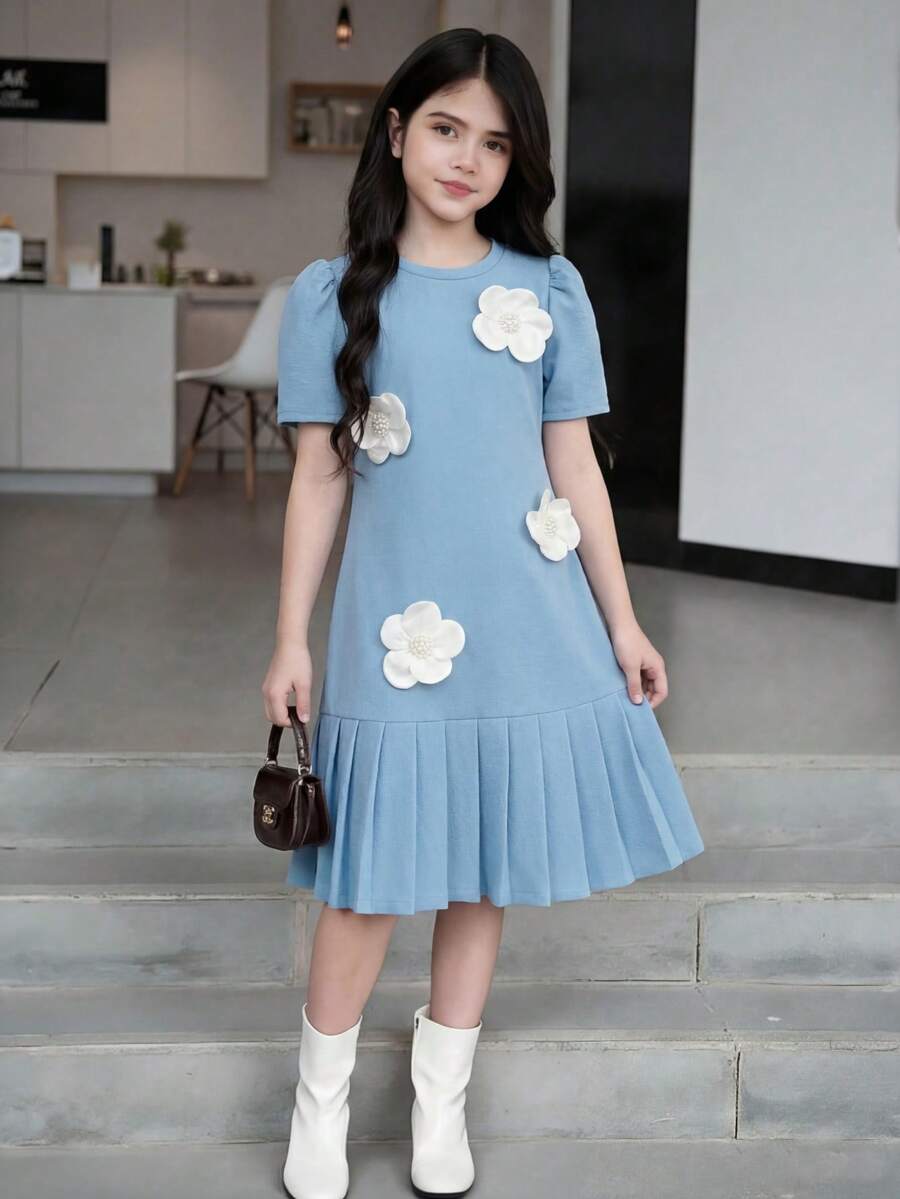 SHEIN Elladie kids Rochie preadolescentă cu mânecă scurtă, plisată, cu fundă, croială lejeră, primăvară/vară - Albastru - Vizualizare 1